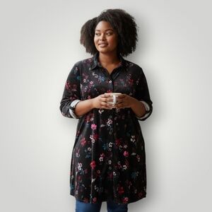 Woman Within Plus 26/28 2X Black Velvet Floral Button Down Tunic Top Long Sleeve